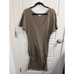 Standard James Perse Womens Khaki Brown Ruched Scoop Neck Short Sleeve Dress 1